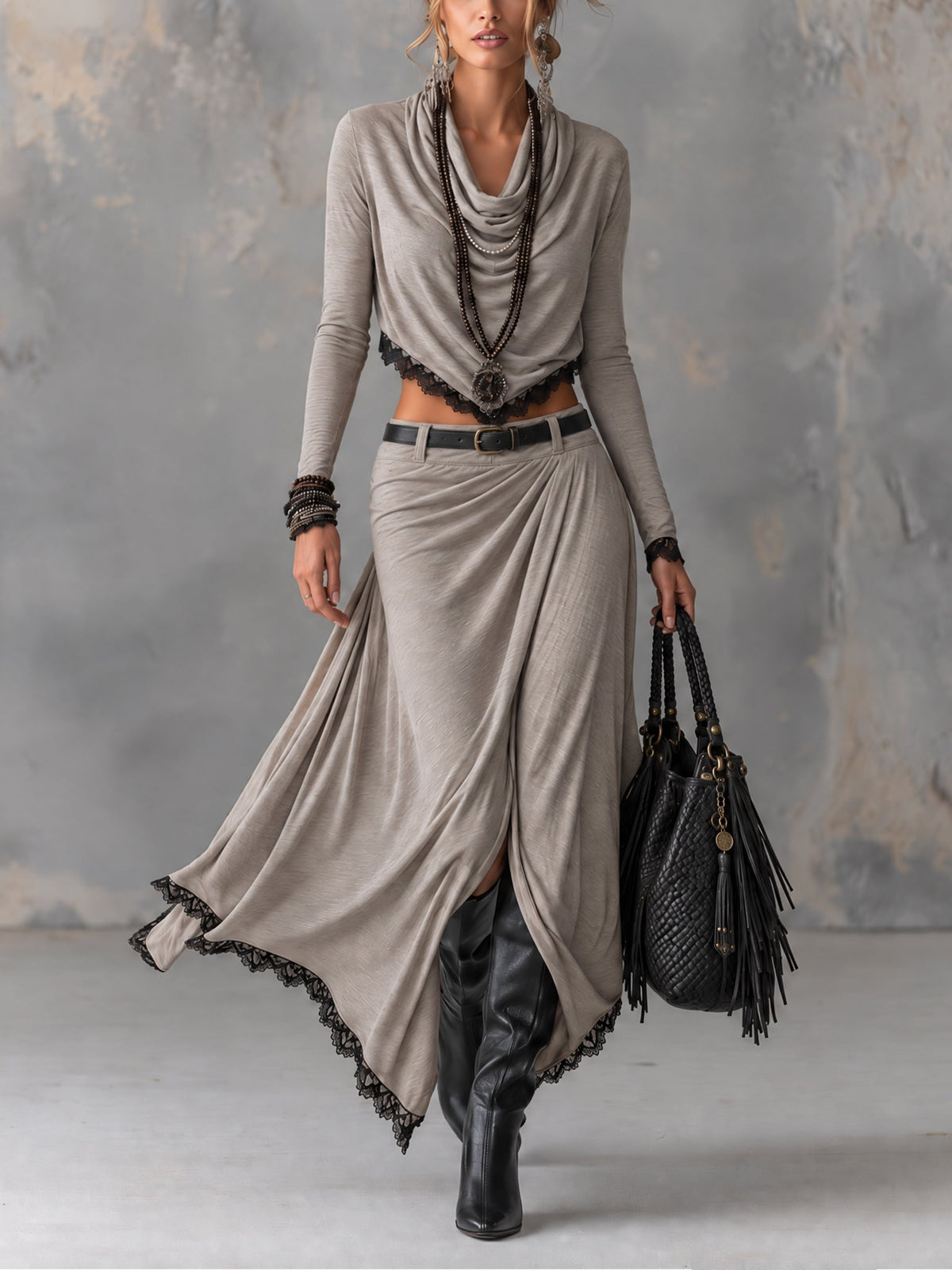 Noa | Draped Neck Crop Top and Slit Maxi Skirt Set in Grey