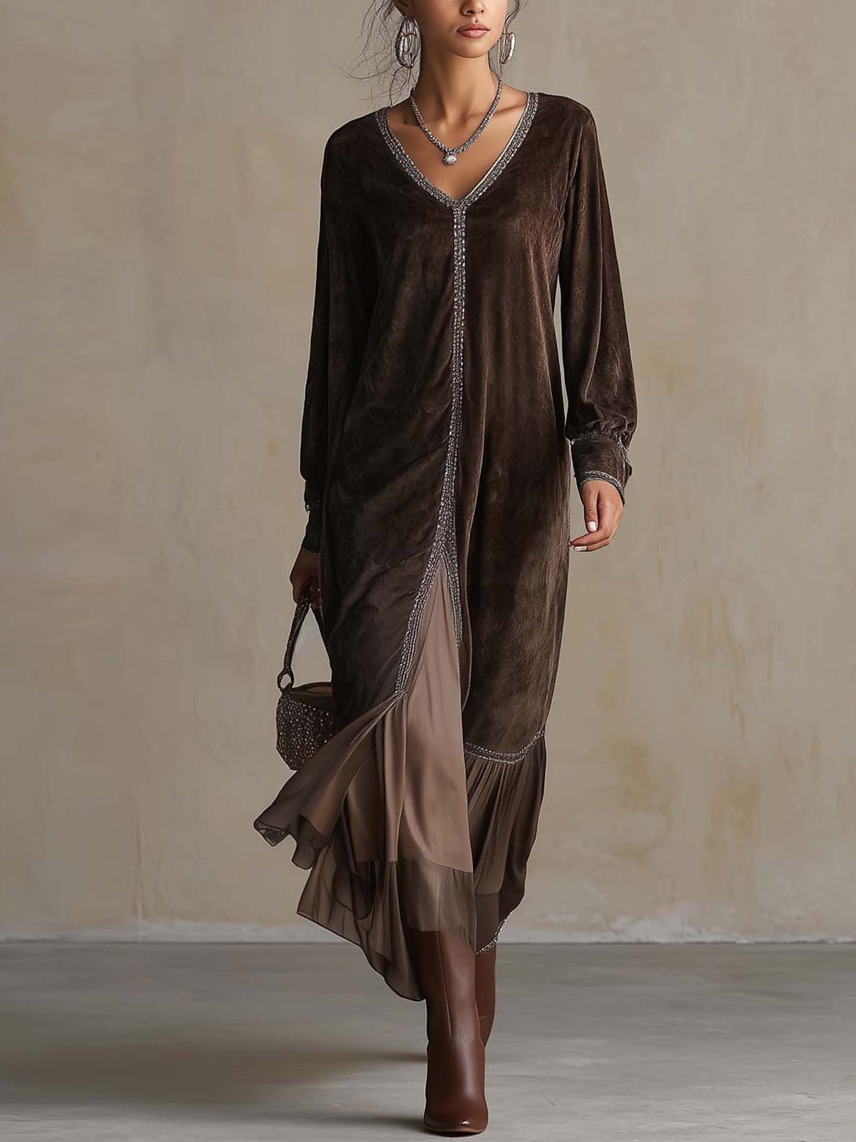 Teresa | Relaxed Faux Suede Midi Dress with V-Neck in Brown