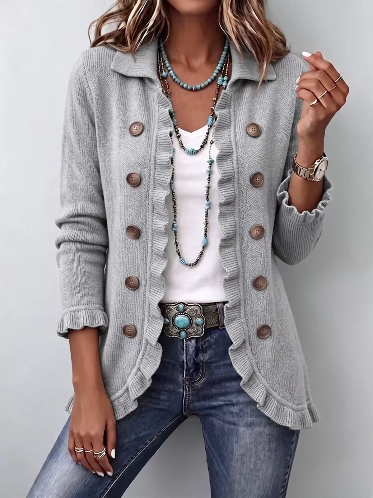 Teodora | Marle Grey Ribbed Jacket with Ruffles