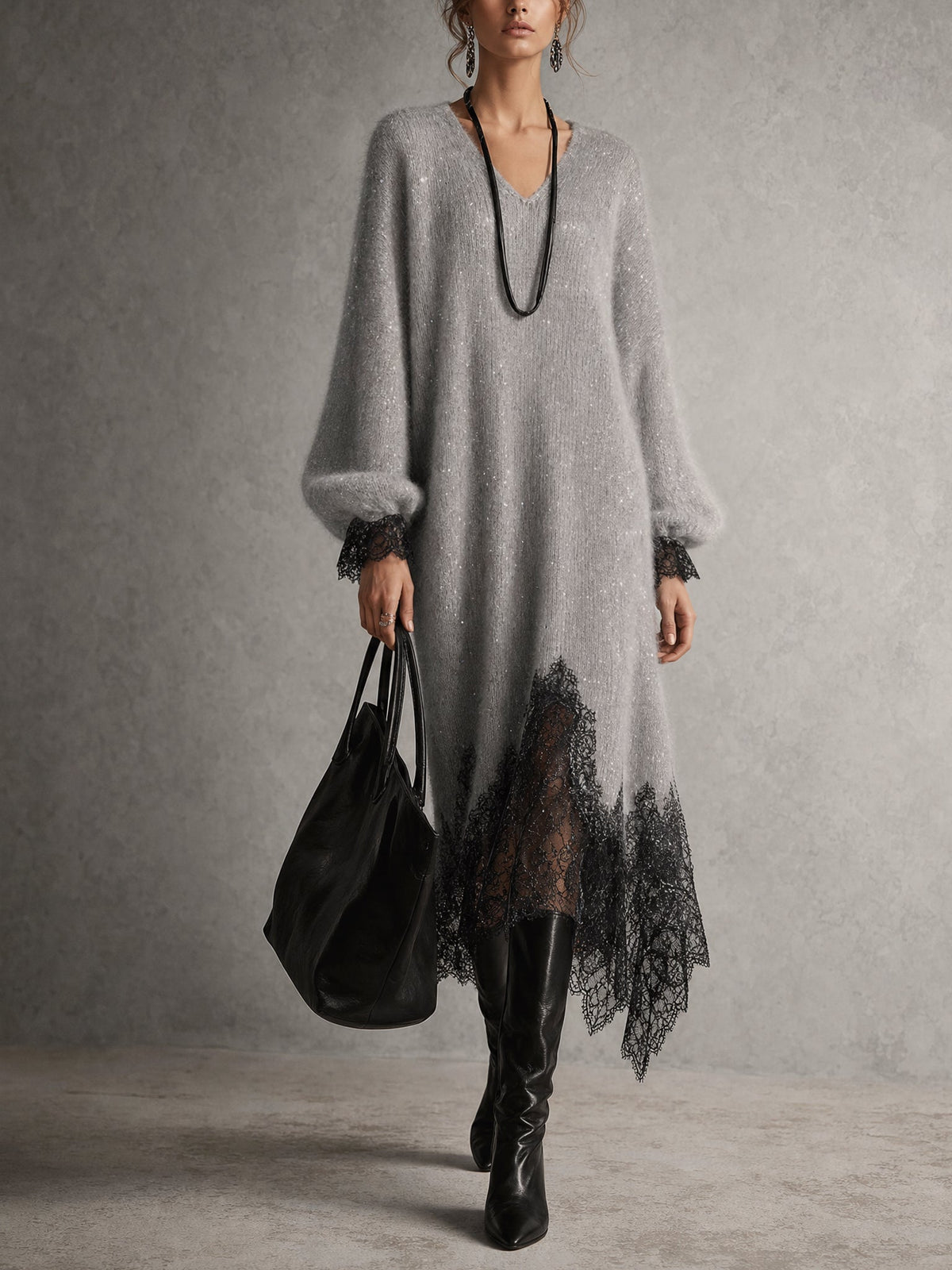 Romane | Shimmer-Knit Midi Dress with Lace Hem
