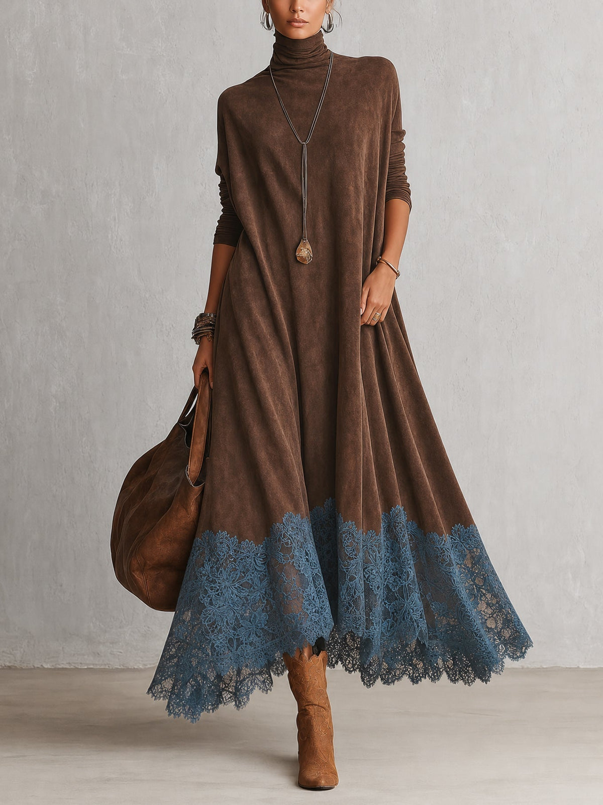 Colette | Suede-Effect Maxi Dress with Lace Hem in Brown