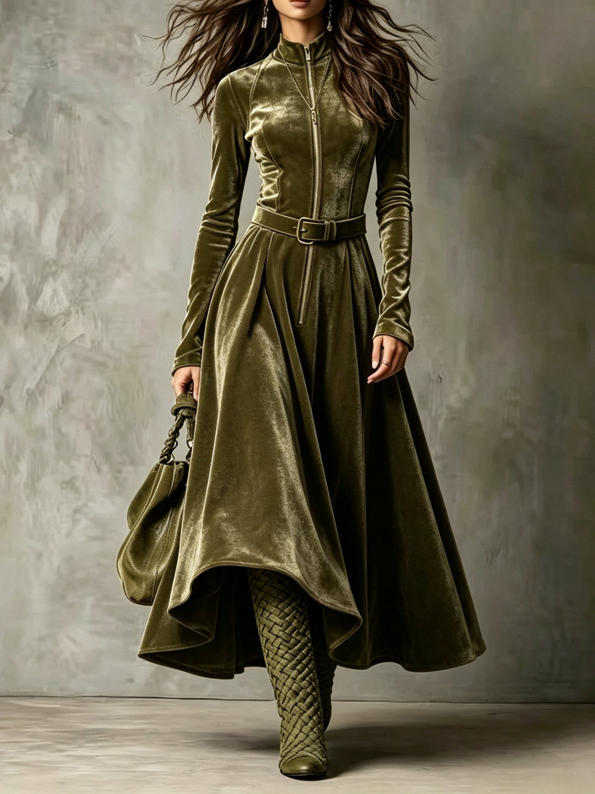 Vega | Vintage Velvet Maxi Dress with Front Zip in Olive Green