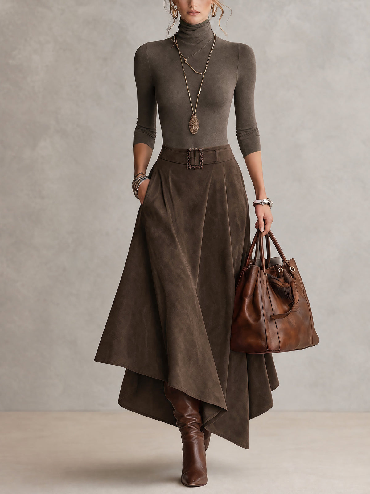 Aurore | Roll-Neck Top and Asymmetric Faux-Suede Skirt Set