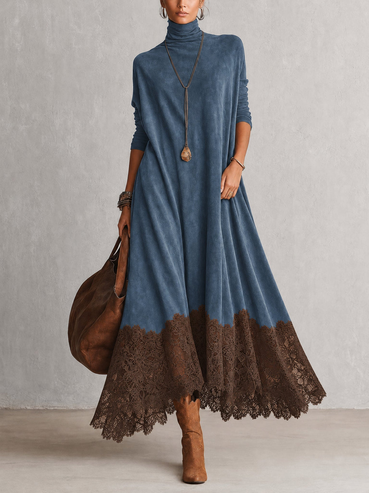 Colette | Suede-Effect Maxi Dress with Lace Hem in Blue