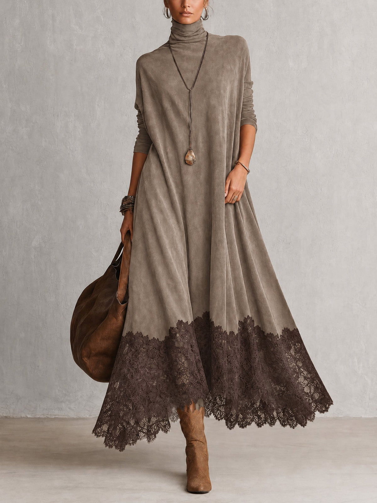 Colette | Suede-Effect Maxi Dress with Lace Hem in Taupe