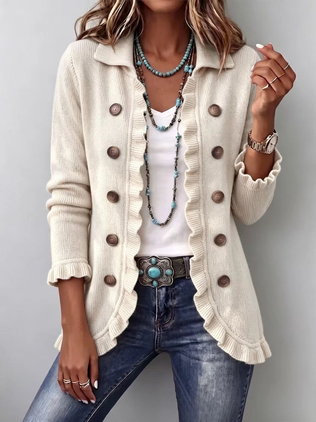 Delfina | Ivory Ribbed Jacket with Ruffles