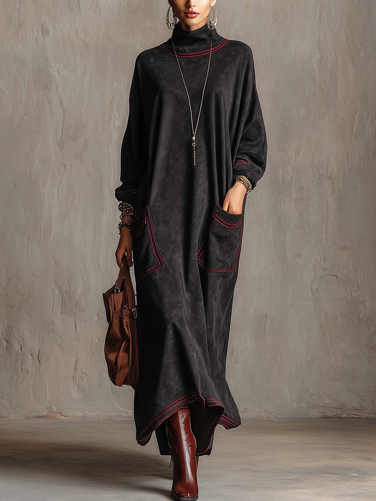 Estela | Faux Suede Maxi Dress with Contrast Stitching in Black