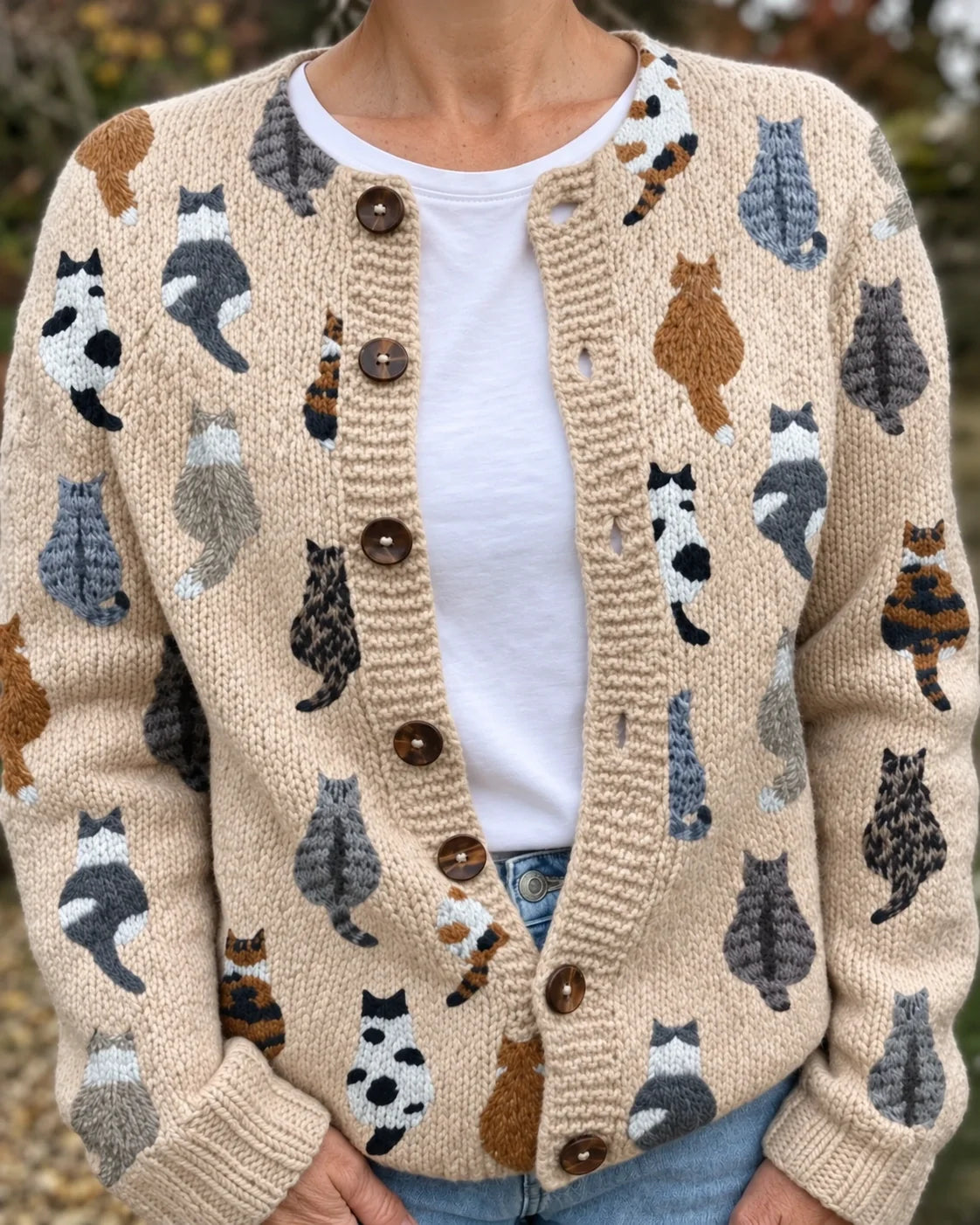 Charlotte | Soft Knit Buttoned Cardigan with Cat Print