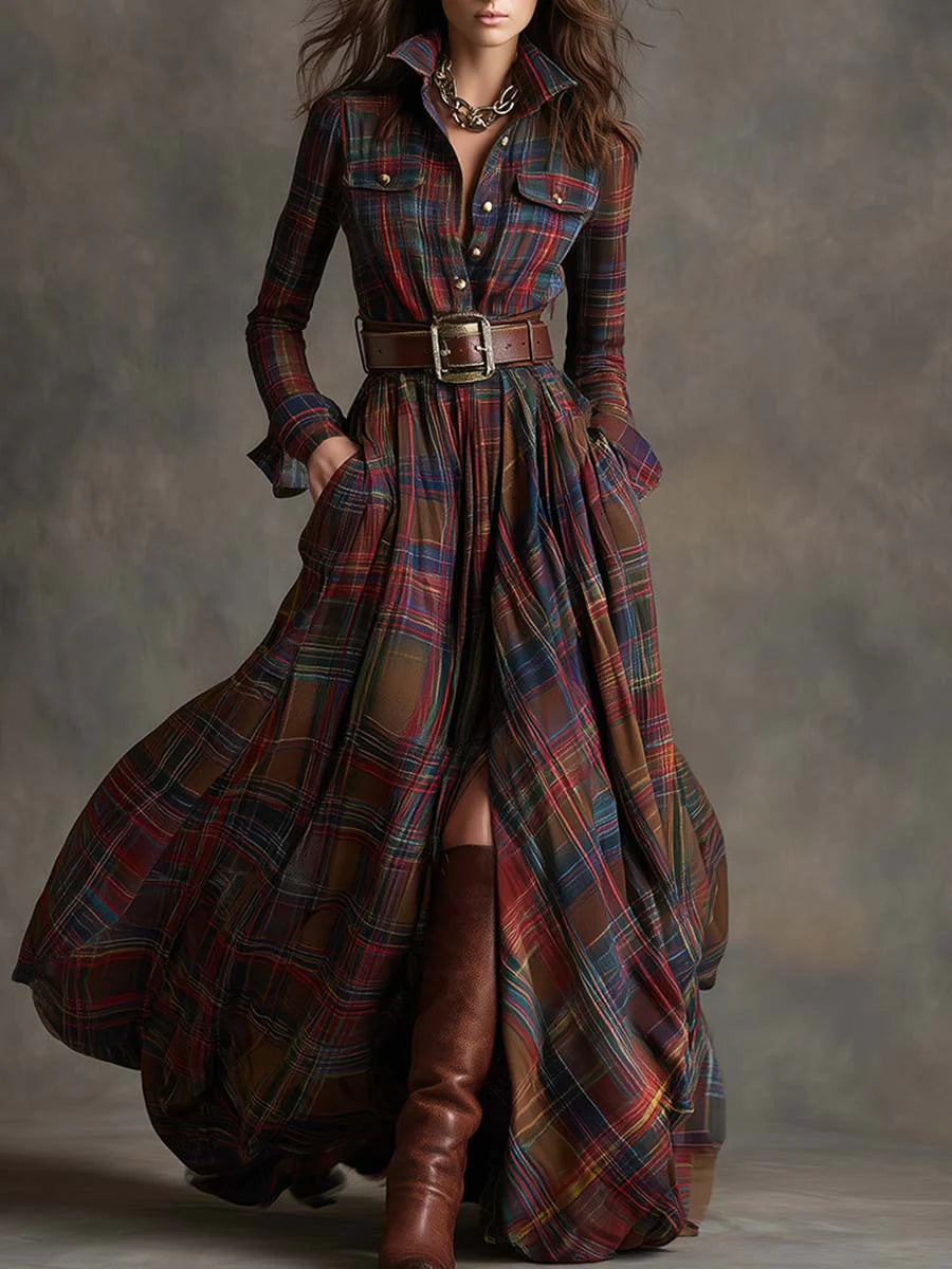 Béatrice | Checked Maxi Dress with Belt