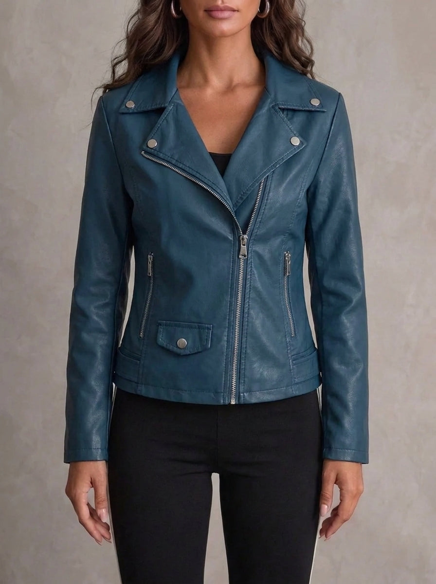 Nicolette | Leather Jacket in Navy