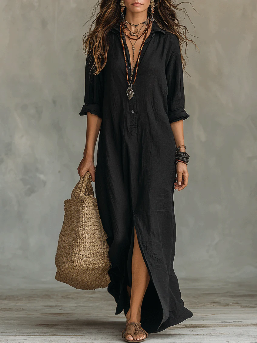 Solina | Loose Black Maxi Dress with Buttons