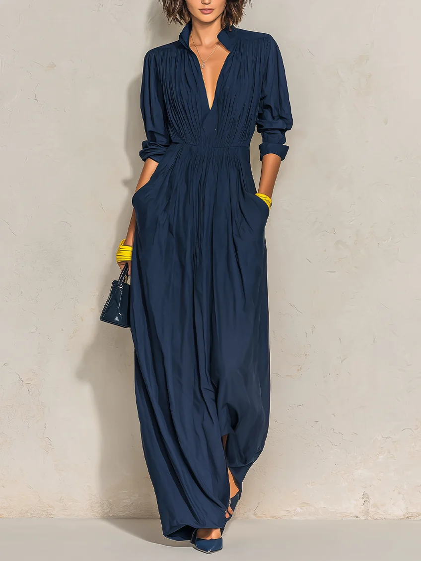 Alma | Pleated Maxi Dress with V-Neck in Navy