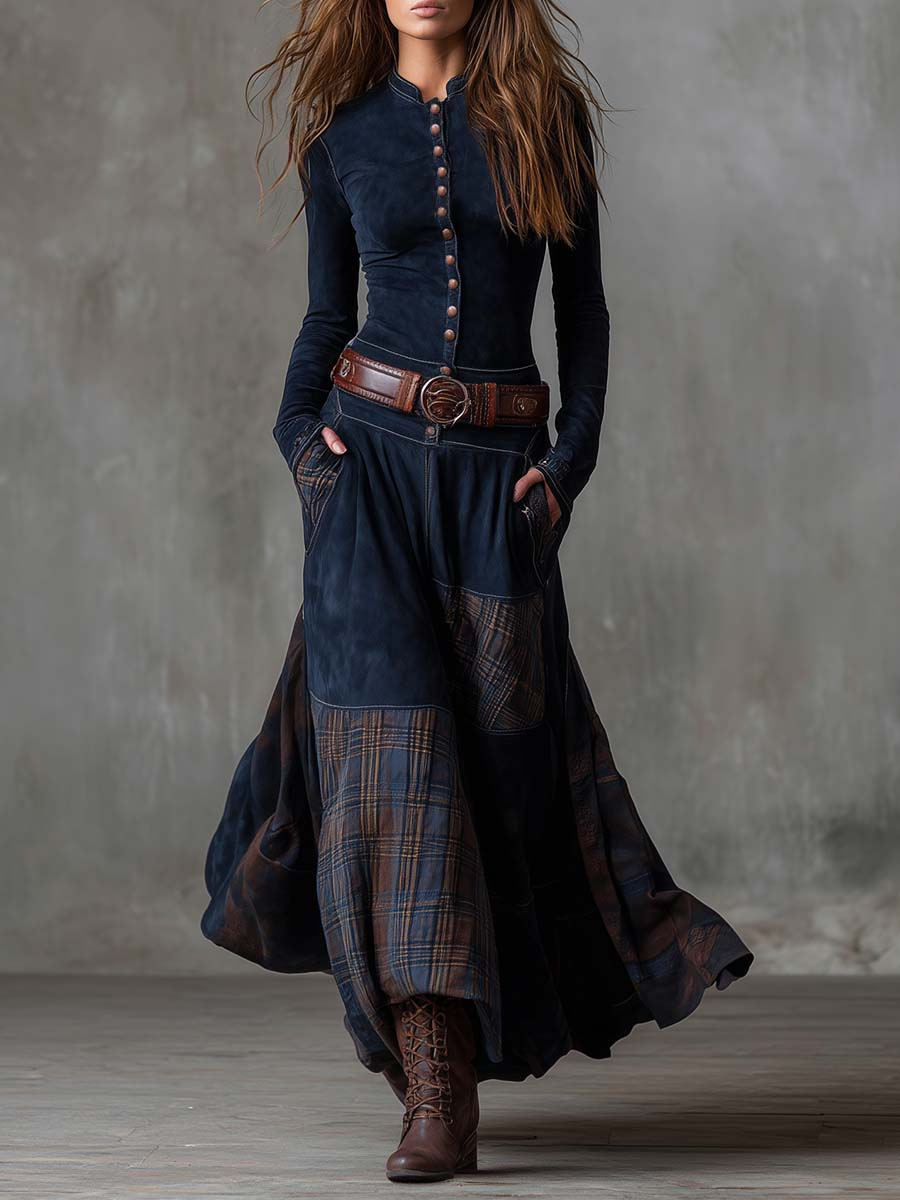 Élise | Suede-Effect Maxi Dress with Belt and Checked Panels