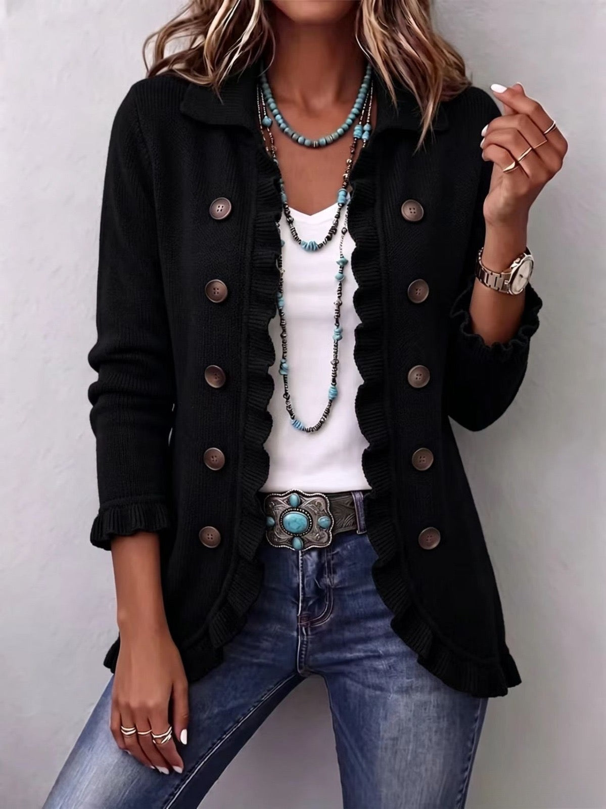 Zaira | Black Ribbed Jacket with Ruffles