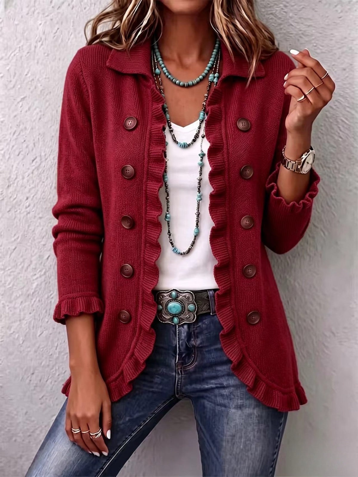 Marta | Ruby Red Ribbed Jacket with Ruffles