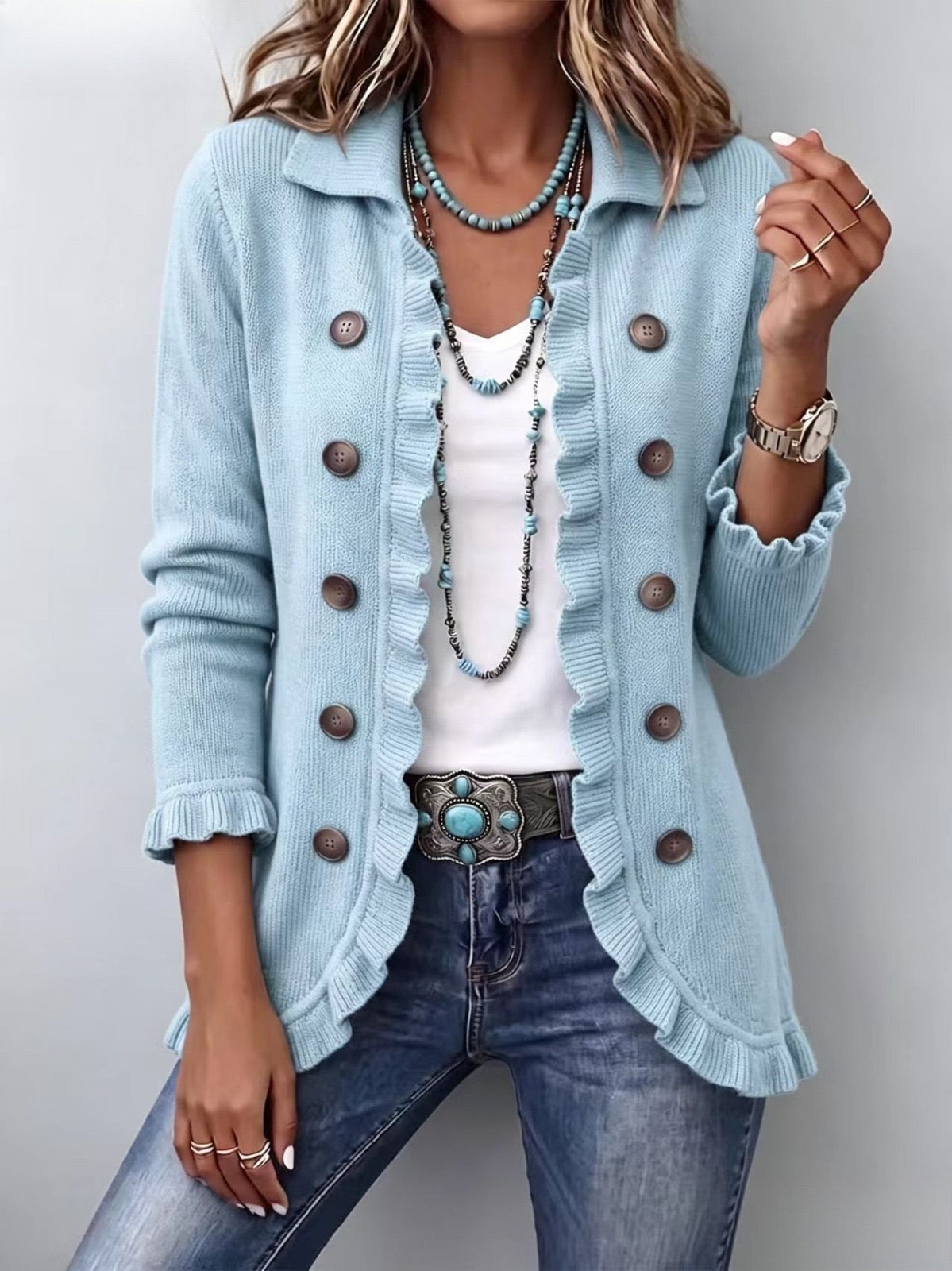 Perla | Dusty Blue Ribbed Jacket with Ruffles