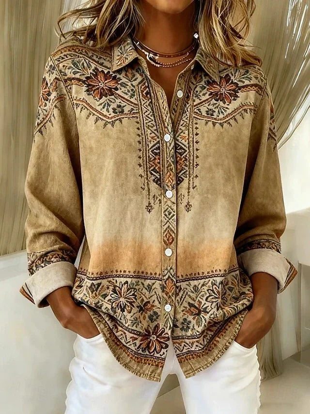 Rexanna | Vintage Floral Button-Front Blouse in Khaki