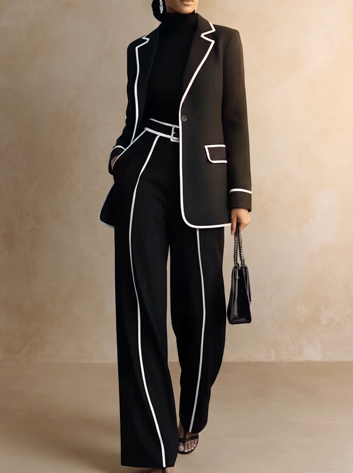 Clementina | Blazer & Trouser Set with Contrast Piping, Black