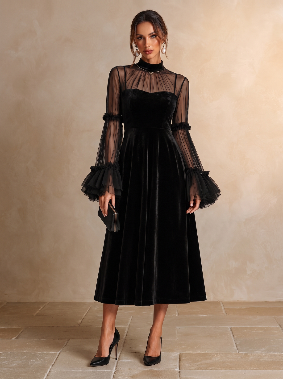 Berenice | Velvet Midi Dress with Tulle Sleeves, Black