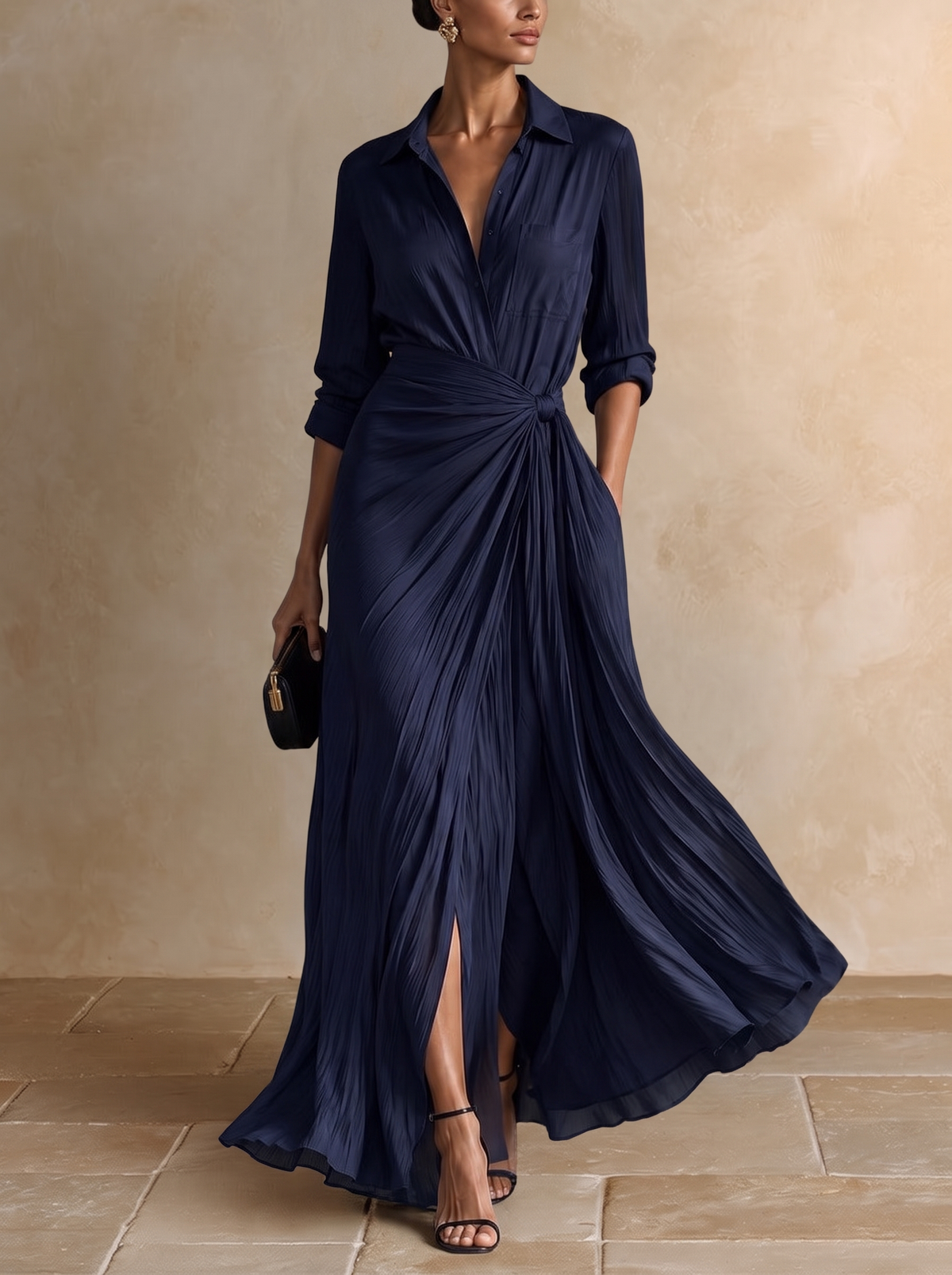 Allegra | Navy Chemisier Maxi Dress with Waist Tie