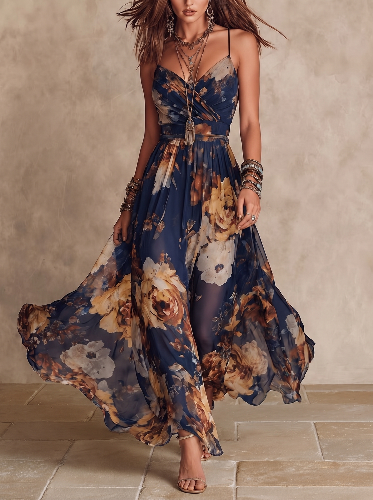 Melissa | Floral Chiffon Maxi Dress with Thin Straps, Navy