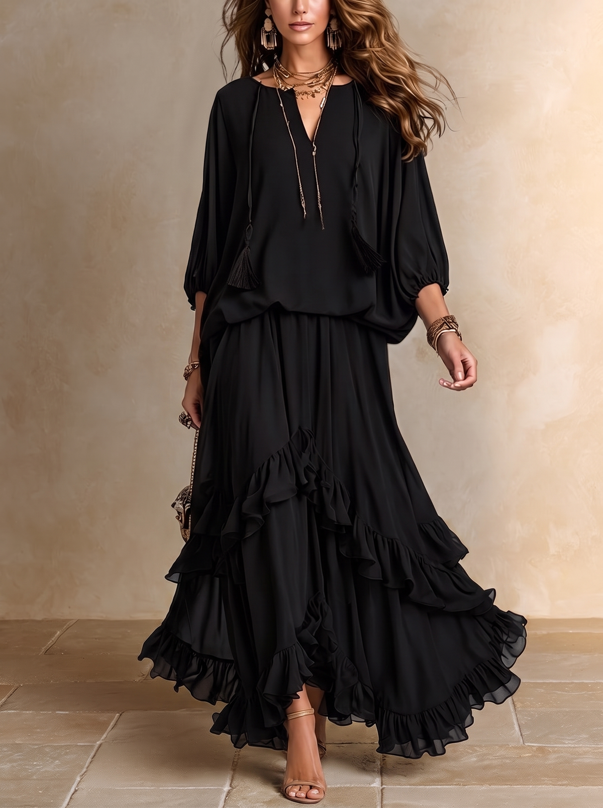 Annalisa | Chiffon Top & Ruffled Skirt Set, Black