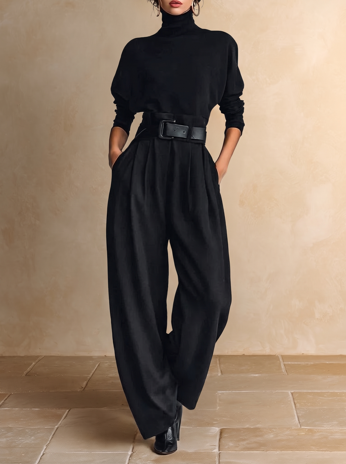Jolanda | Turtleneck & Trouser Set with Belt, Black