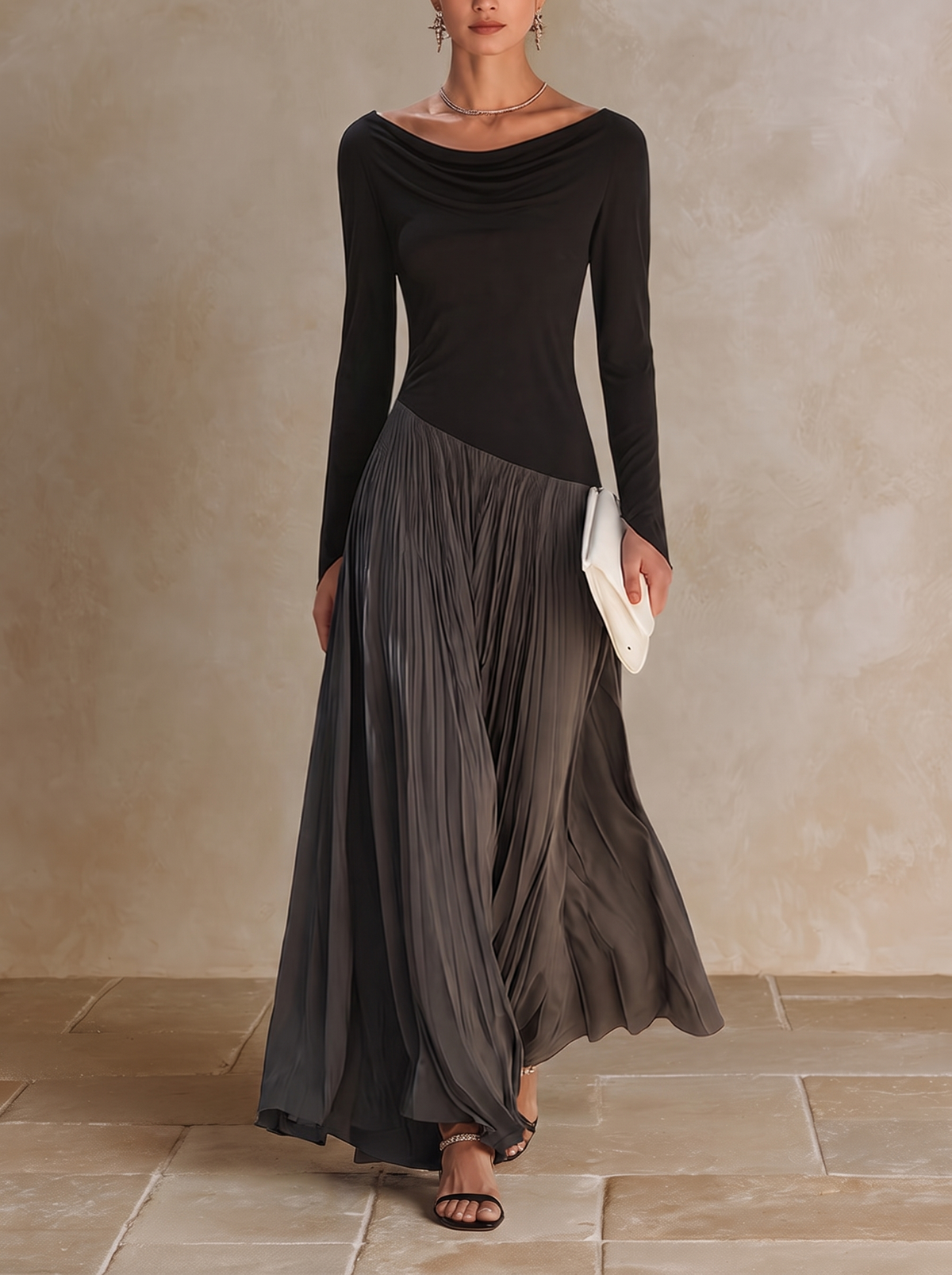 Virginia | Pleated Maxi Dress with Draped Collar, Black and Grey