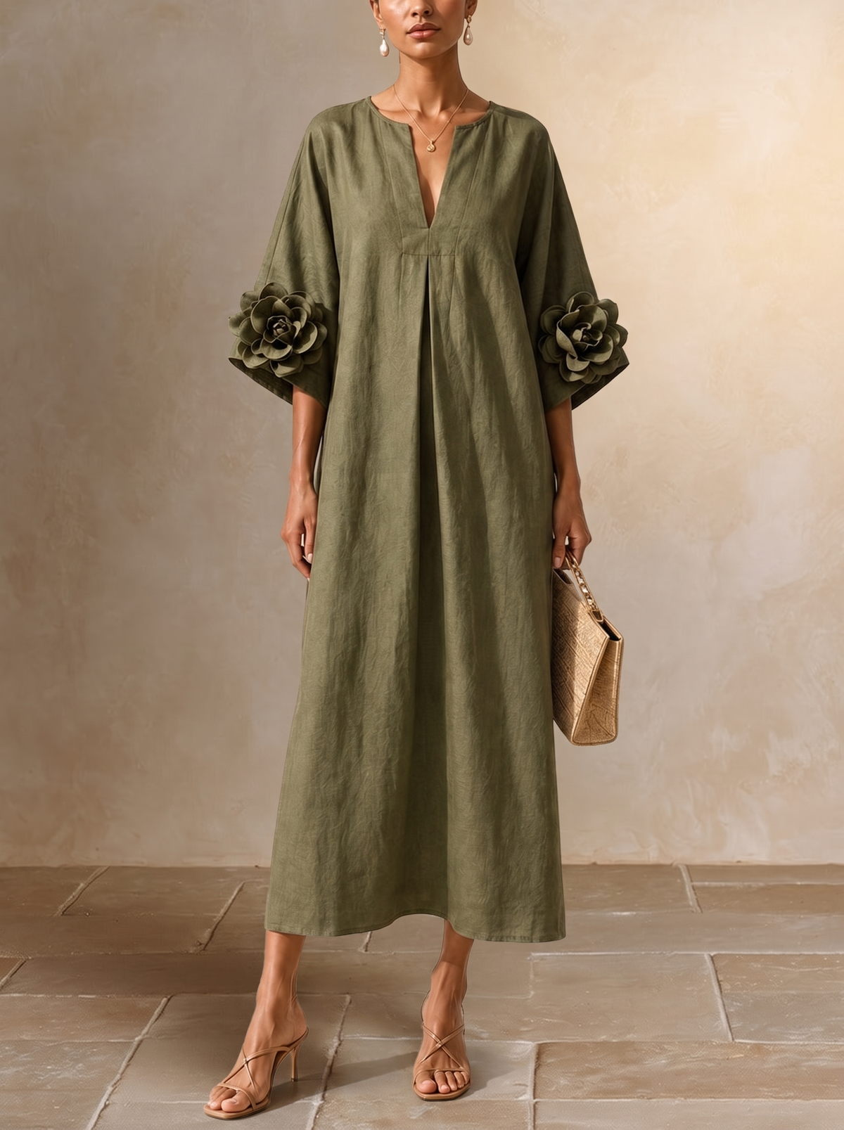 Floriana | Midi Dress with Appliqué Flowers on the Sleeves, Olive Green