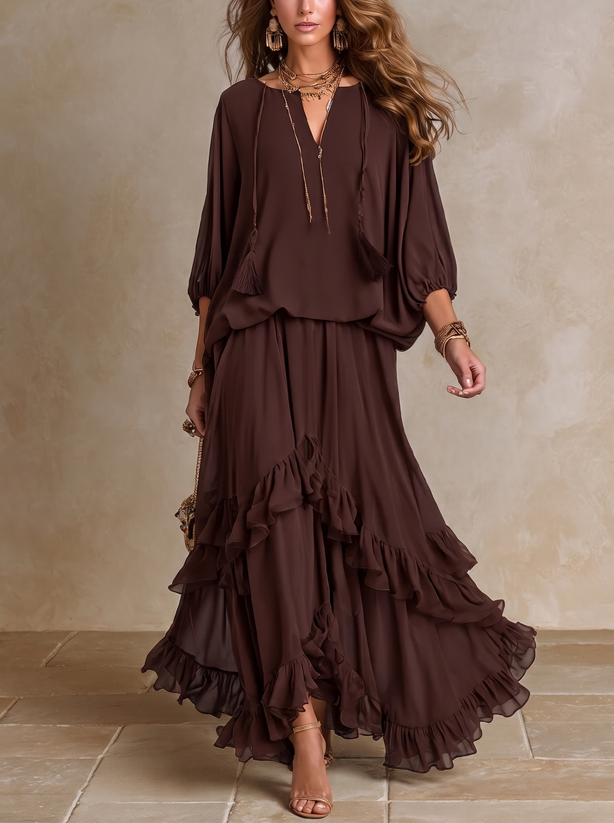 Dalila | Chiffon Top & Ruffled Skirt Set, Chocolate