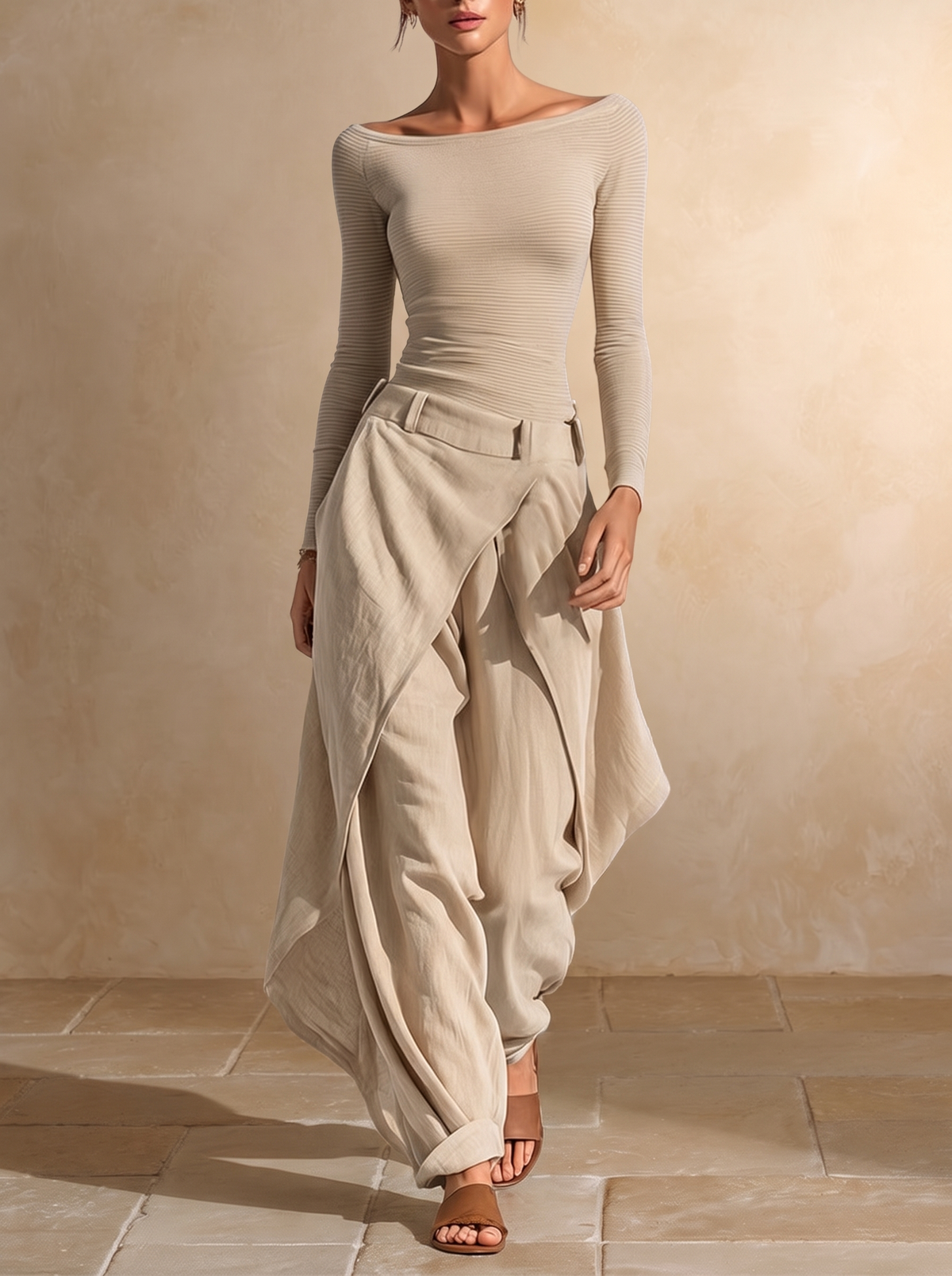 Orsola | Boat-Neck Top & Layered Trouser Set, Beige