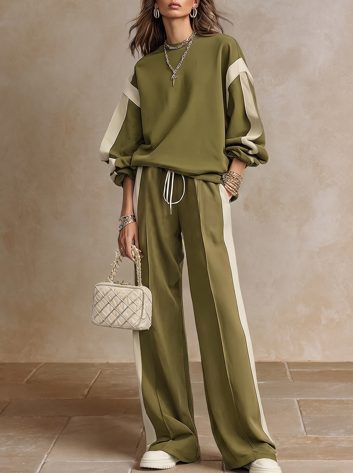 Romina | Sweatshirt & Trouser Set with Side Stripe, Olive Green