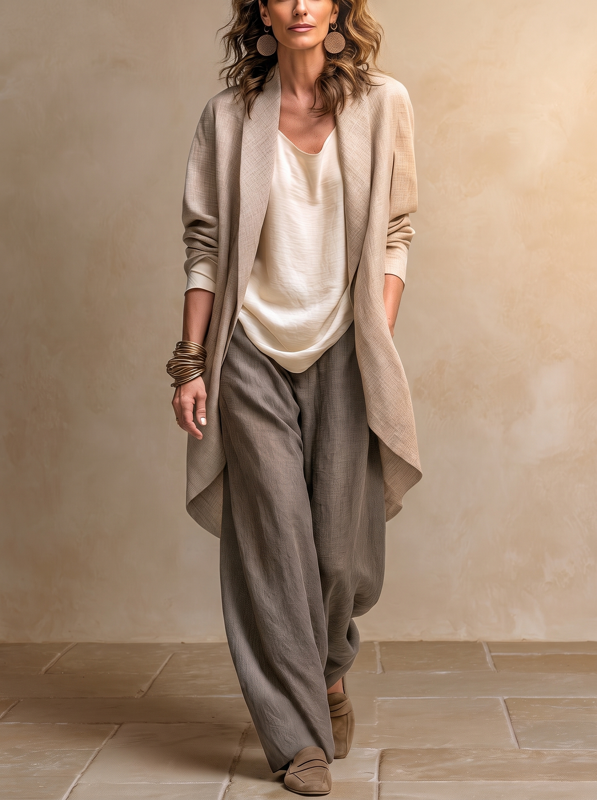 Flaminia | Three-Piece Set with Palazzo Trousers, Beige and Grey