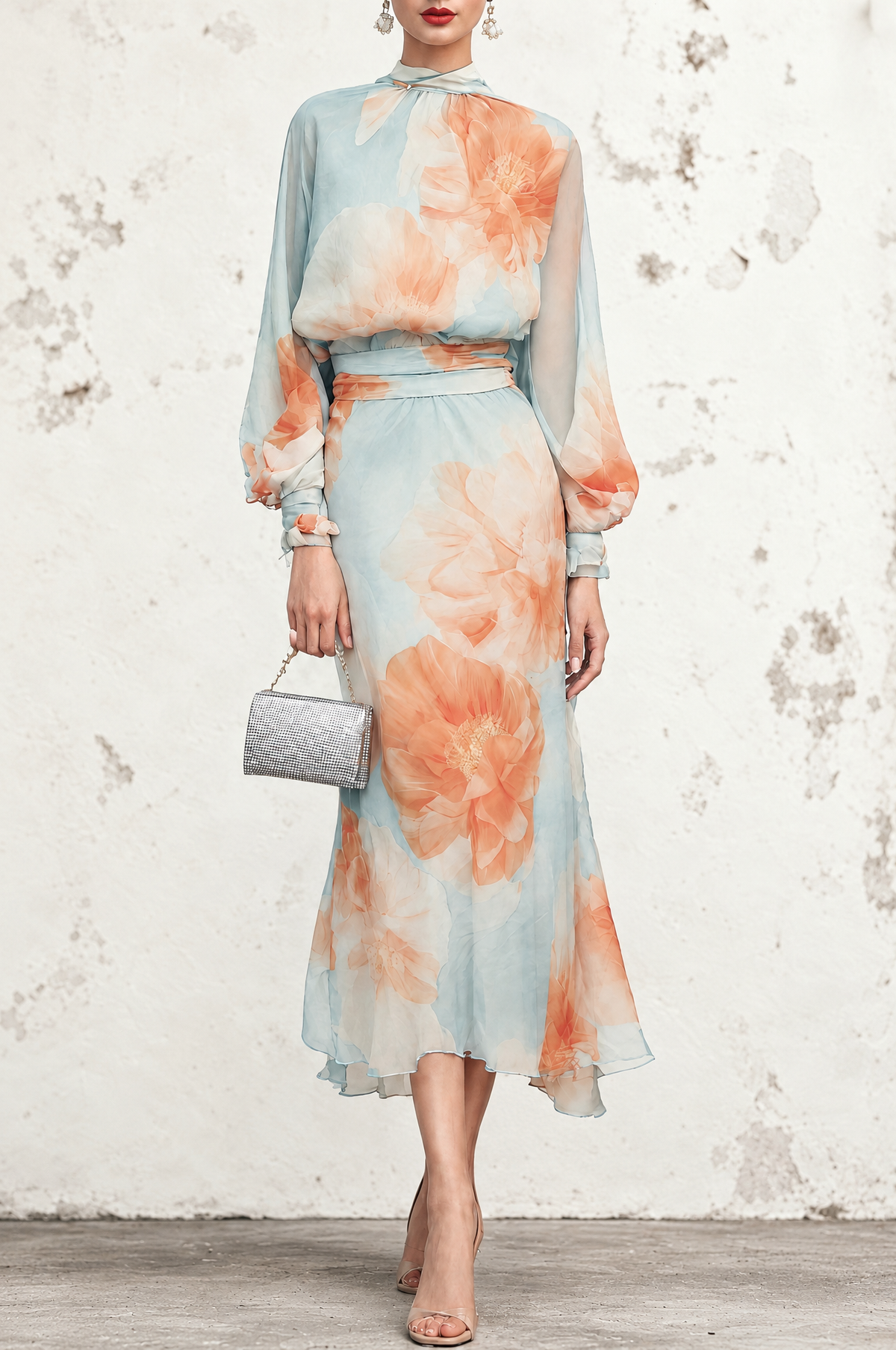 Emilia | High-Neck Top and Floral Skirt Set in Light Blue