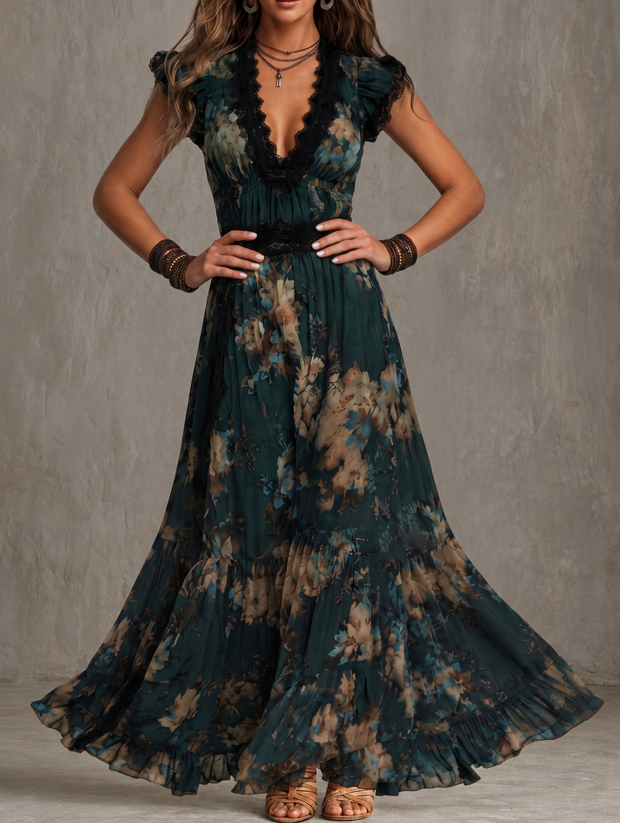 Luz | Vintage Chiffon Maxi Dress with Floral Lace in Dark Green