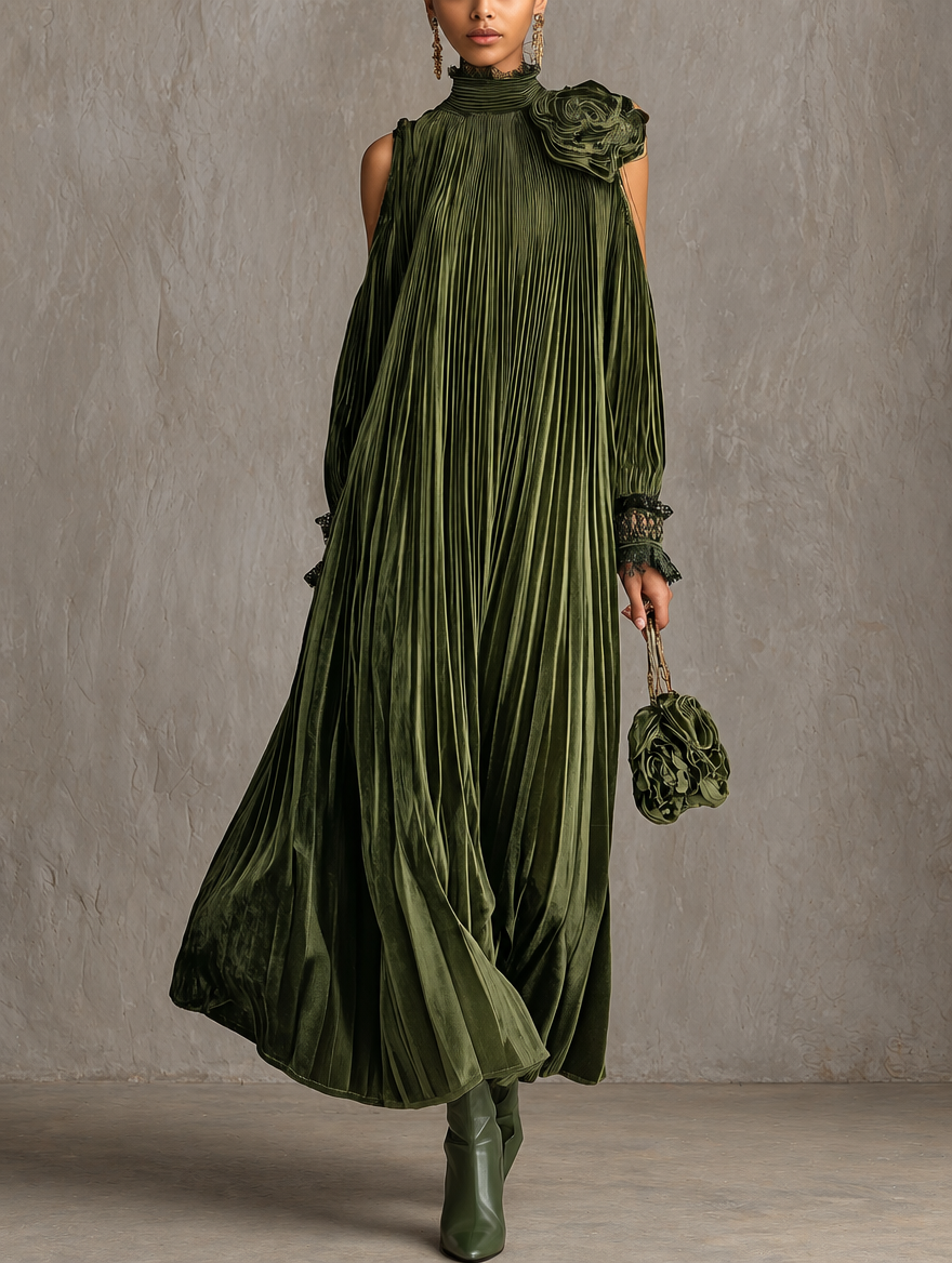 Rosa | Pleated Maxi Dress with Floral Shoulder Detail