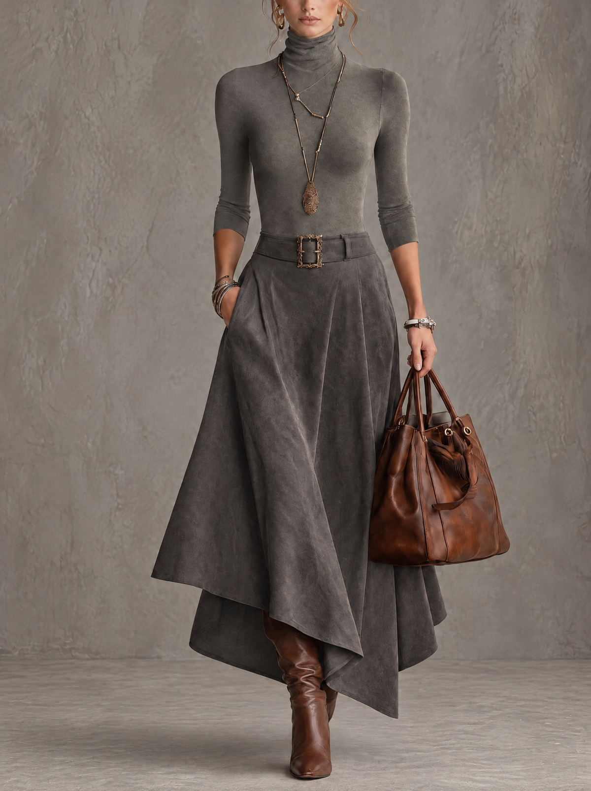 Carmen | High-Neck Top and Faux Suede Asymmetric Midi Skirt Set in Grey