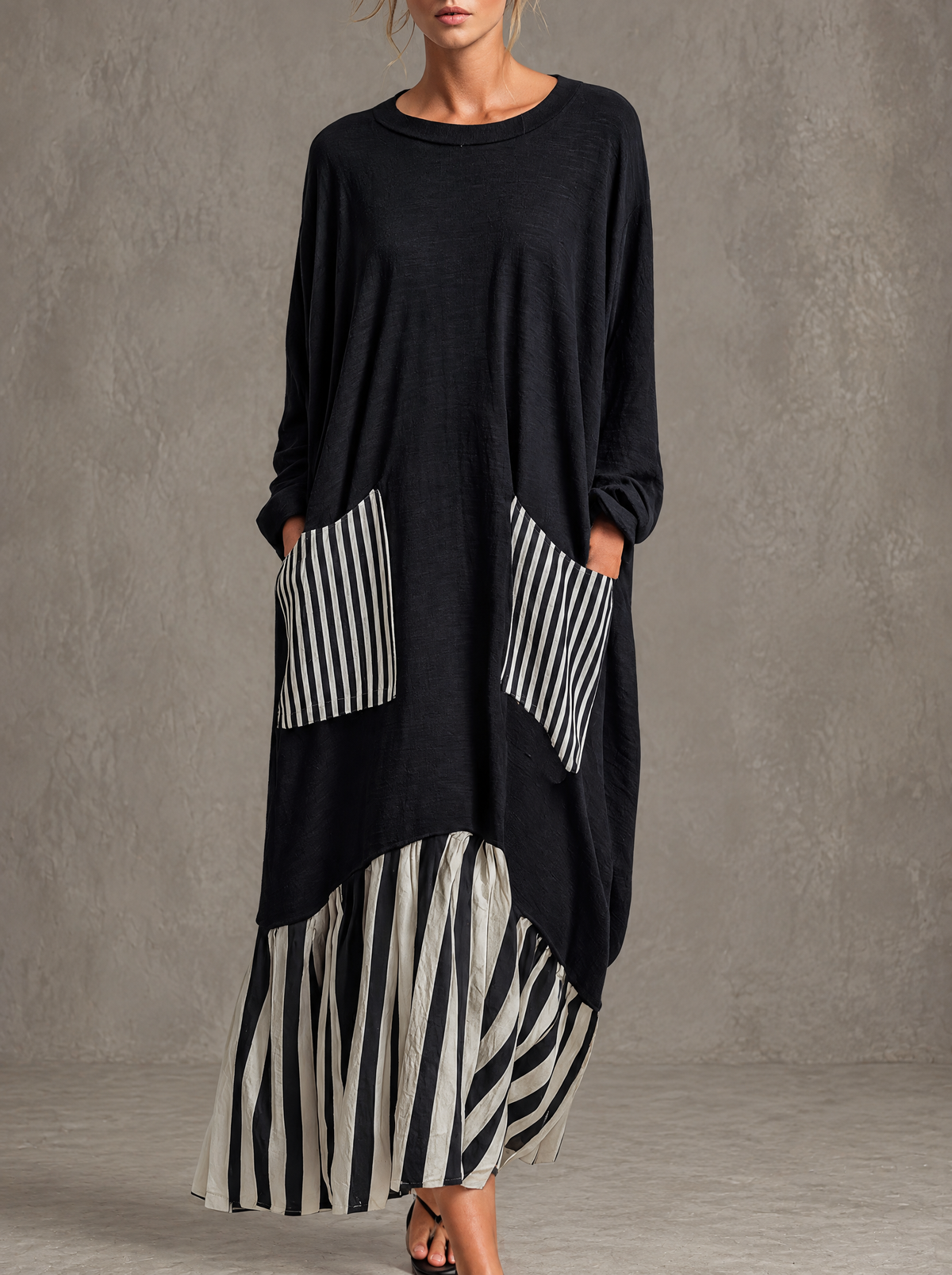 Alba | Oversized Striped Patchwork Cotton Maxi Dress in Black
