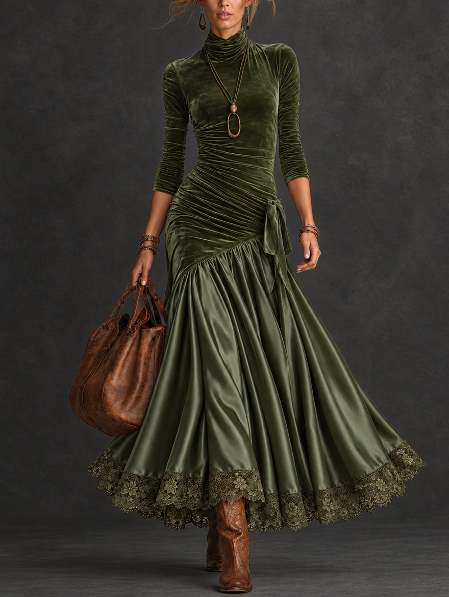 Nerea | Velvet and Satin Maxi Dress with Lace Hem in Olive Green