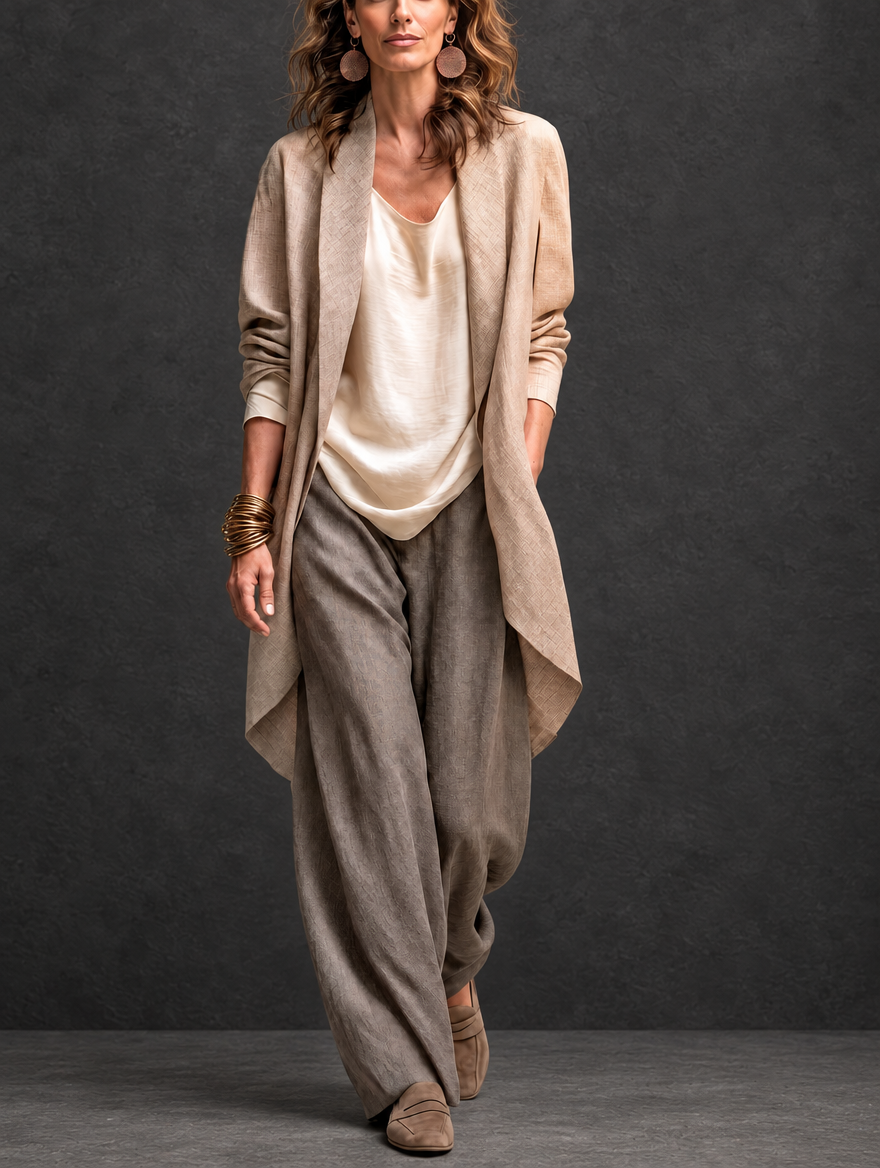 Costanza | Three-Piece Palazzo Trouser Set in Beige and Grey