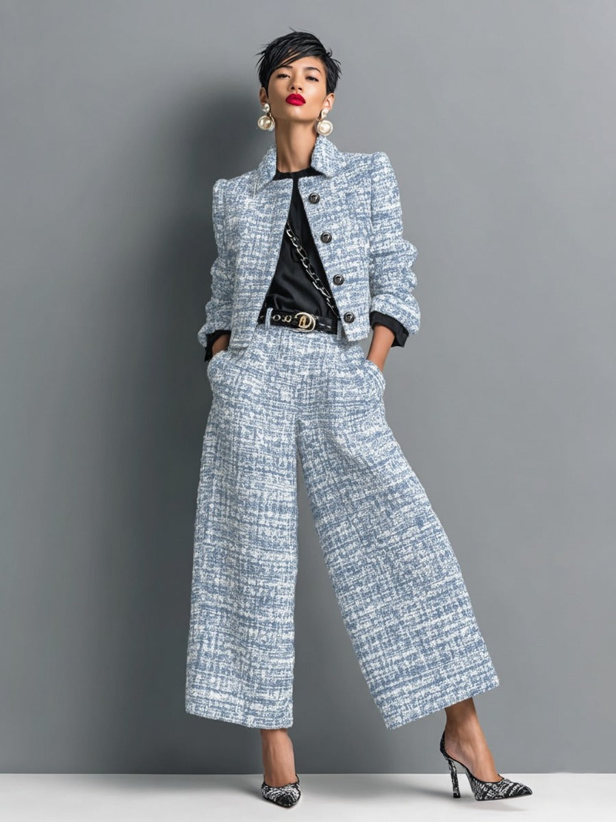 Leontina | Tweed-Effect Cropped Jacket and Wide-Leg Trousers Set