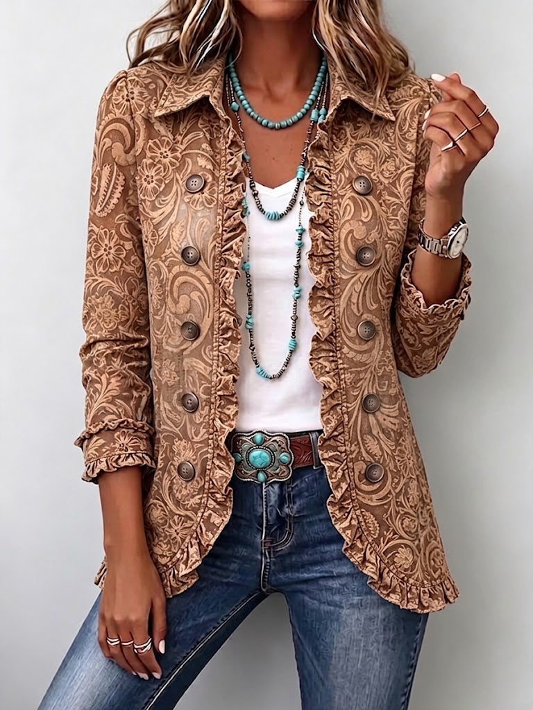 Noemi | Vintage Floral Boho Jacket in Brown with Ruffles