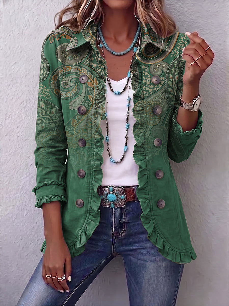 Costanza | Green Paisley Boho Jacket with Ruffles