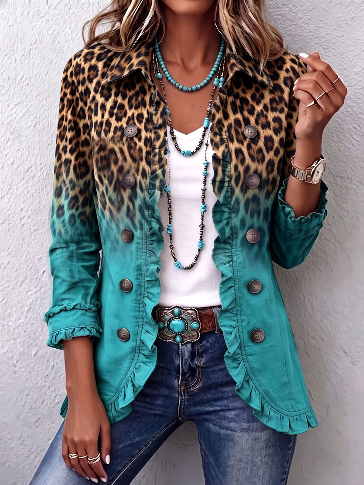 Bice | Ombré Leopard Blazer in Turquoise