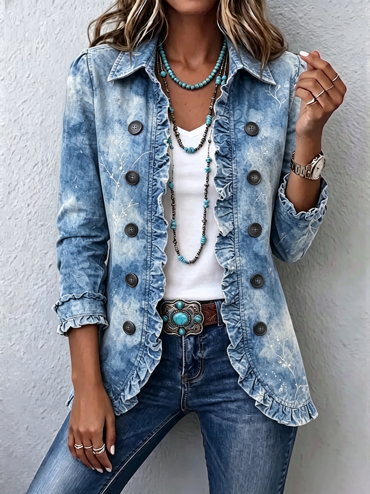 Ginevra | Ombré Blue Vintage Botanical Boho Jacket with Ruffles