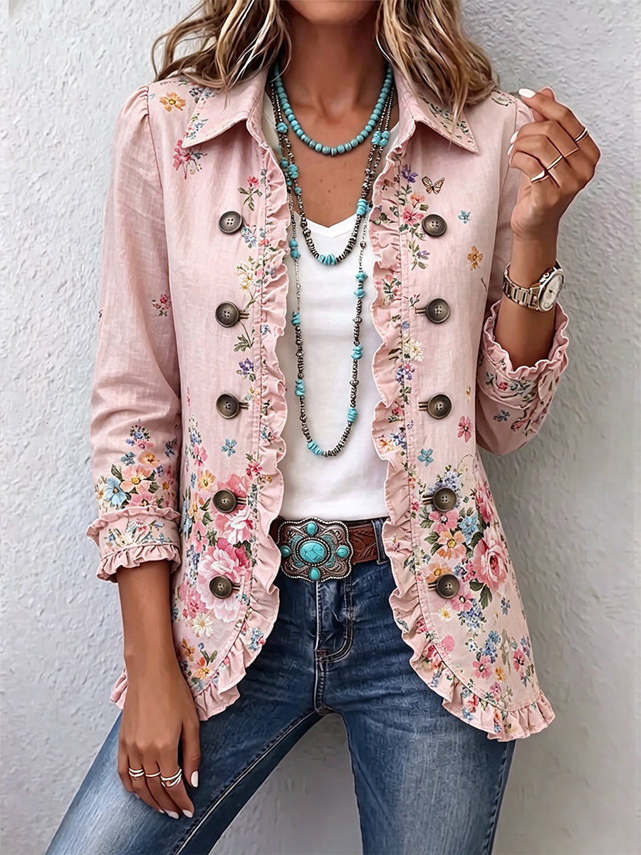 Livia | Pink Floral Jacket with Ruffles and Buttons