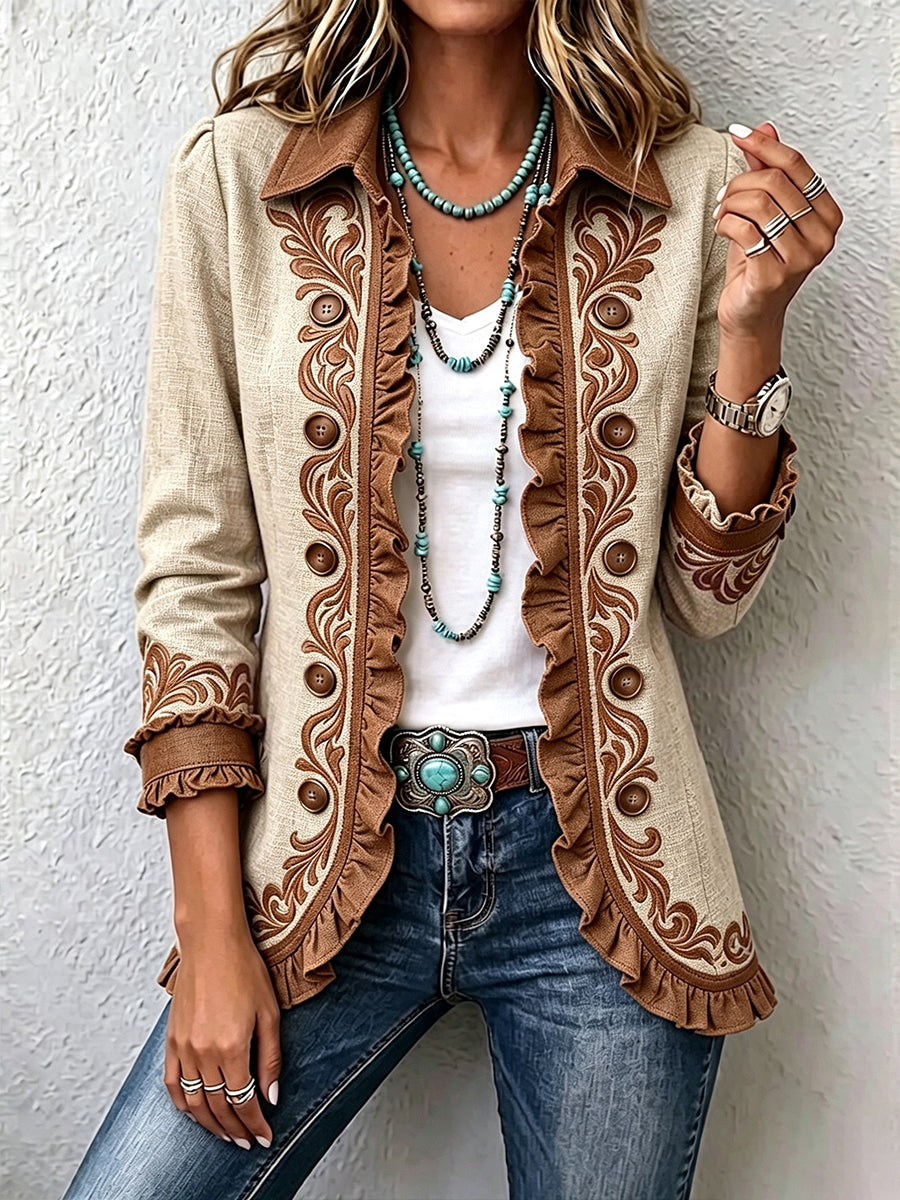 Ottavia | Vintage Floral Boho Jacket in Camel and Brown with Ruffles