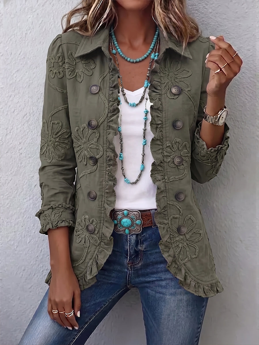 Bettina | Retro Green Embroidered Floral Boho-Chic Jacket with Ruffles