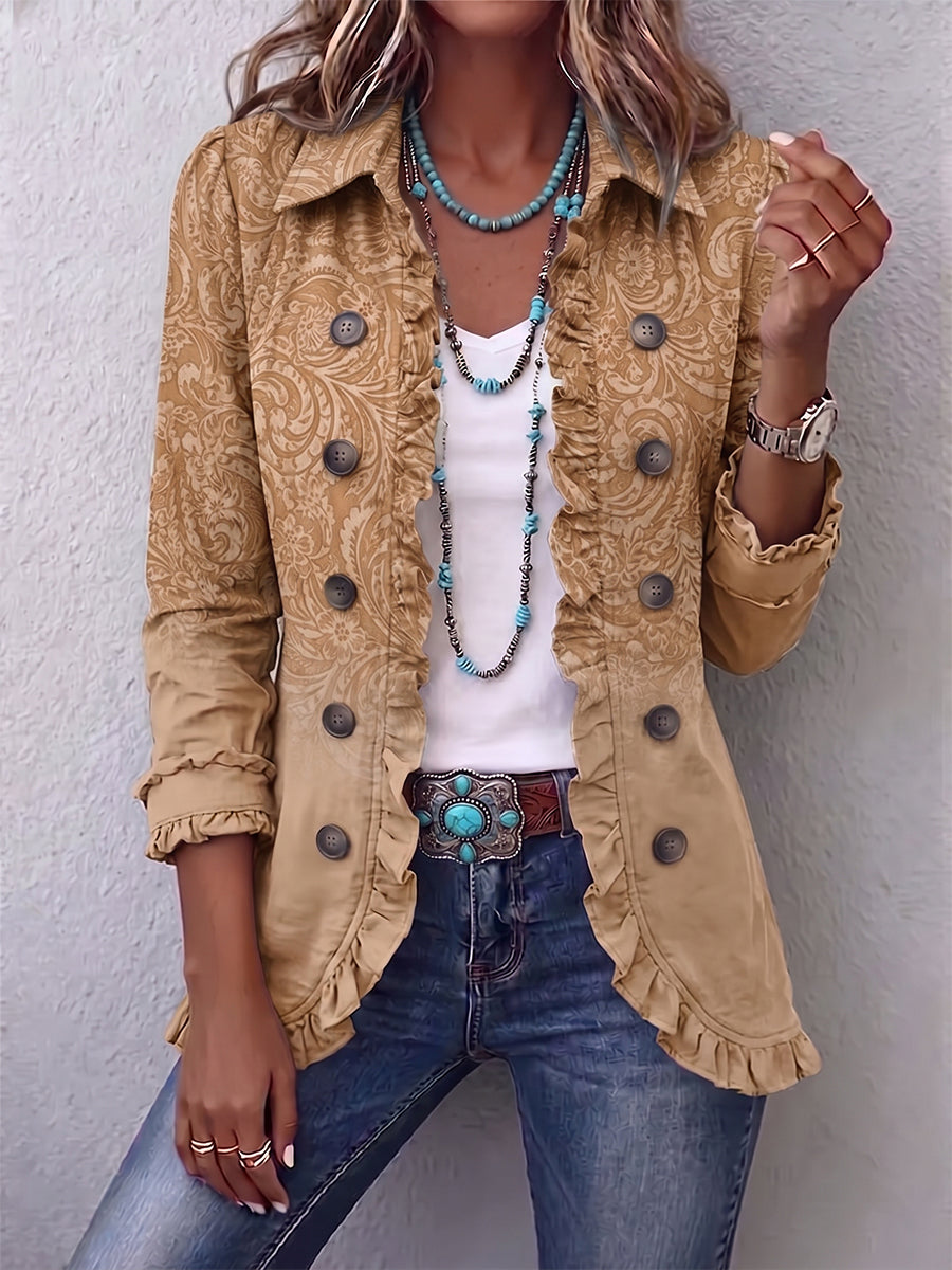 Chiara | Khaki Western Print Jacket with Ruffles