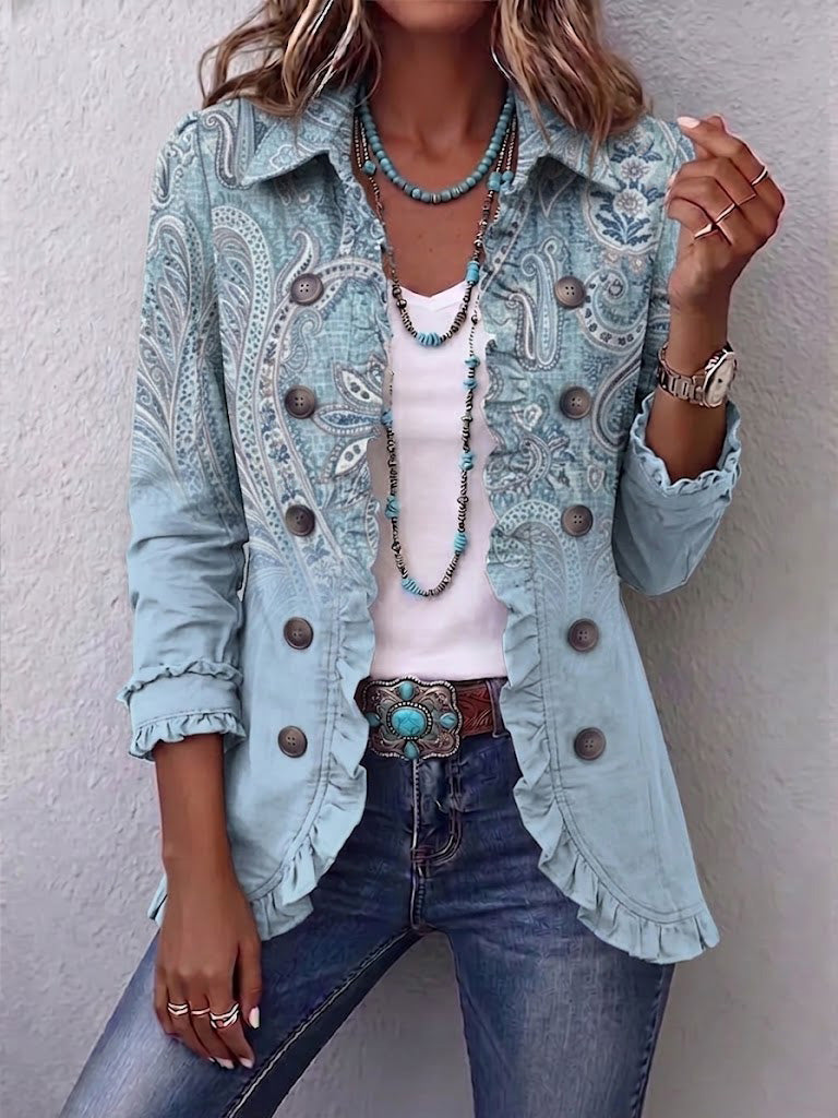 Emilia | Sky Blue Vintage Paisley Jacket with Ruffles